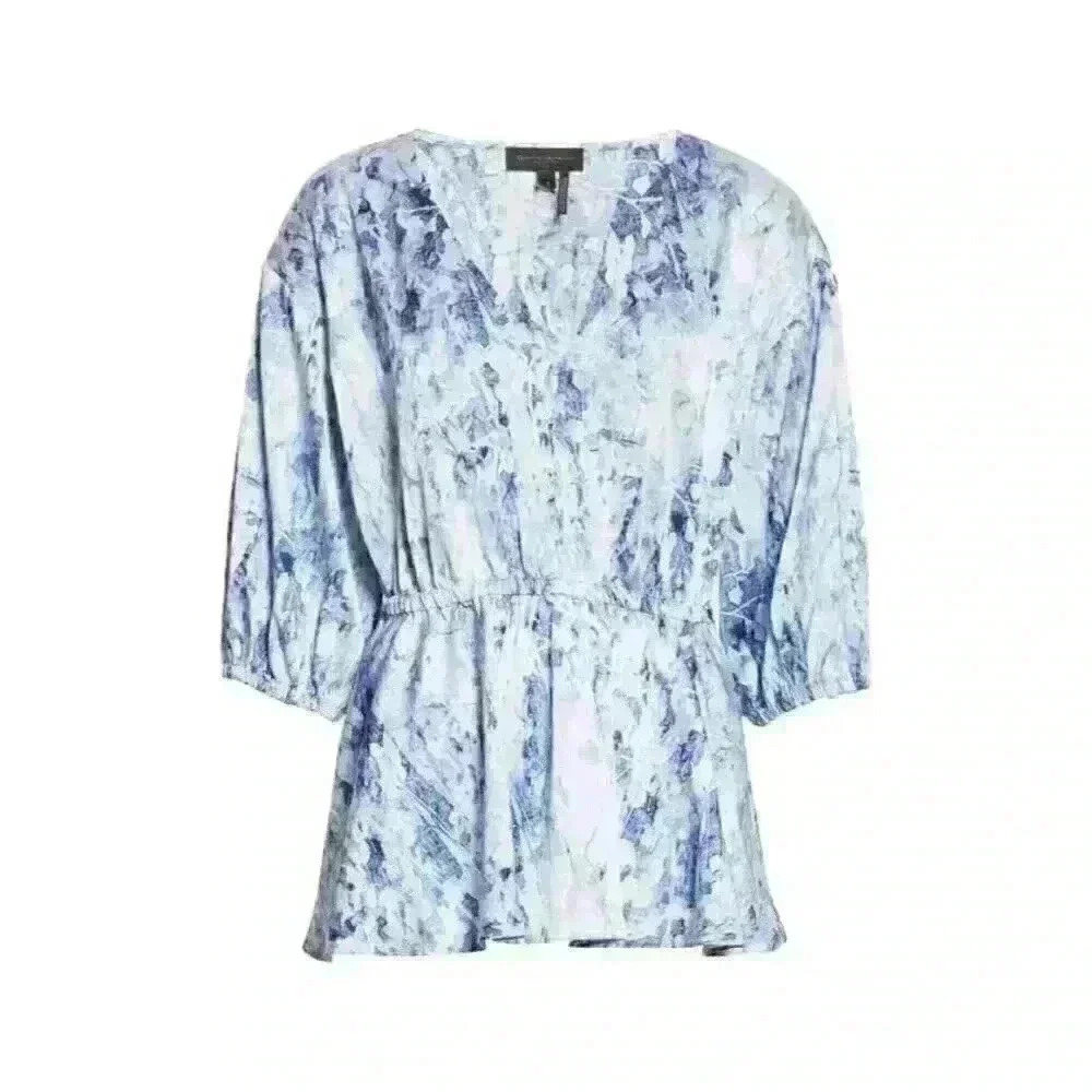 NEW Donna Karan Women's L Print V-Neck Elastic Waist Blouse • Reg Price $295